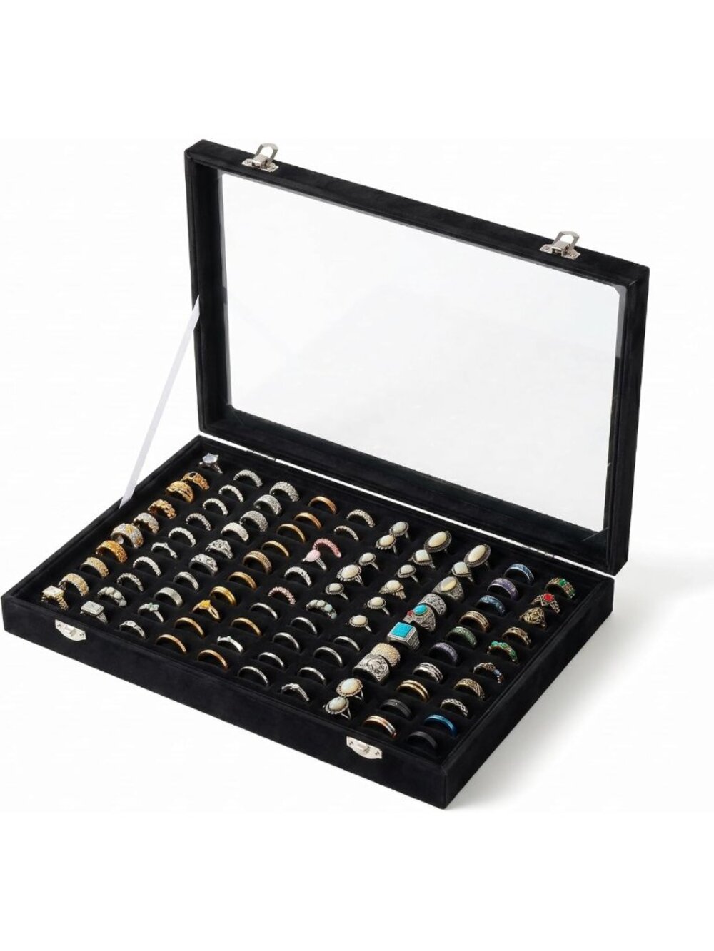 100 Slot Velvet Ring Organizer Tray with Clear Glass Lid - Perfect for Display